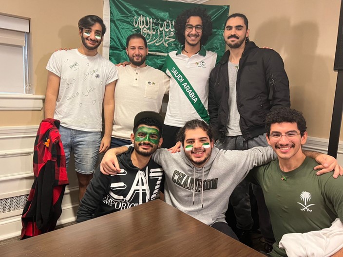 University of Virginia freshman Omar Alahdal, sophomores Mohammed Alwosaibi, Hassan Al Moalim, Ali Bohliga, Abdullah Hejazi, and junior Abdulmohsen Alghannam watching the Saudi Arabia vs Mexico World Cup game